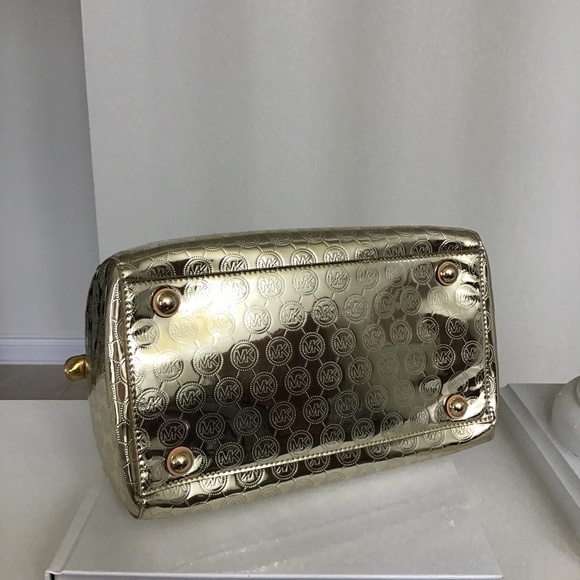 Michael Michael Kors Grayson Gold tone metallic MK logo medium size satchel - Picture 5 of 8
